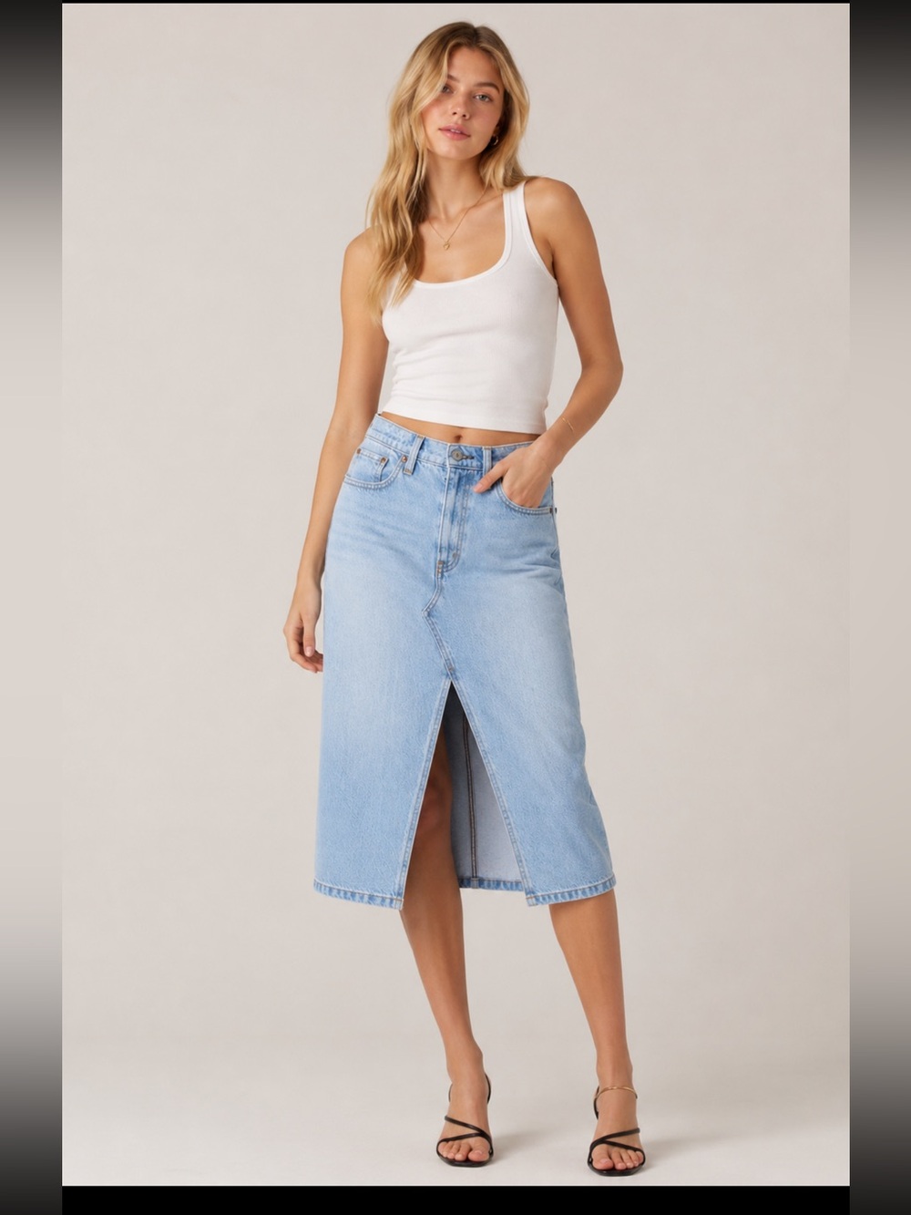 Light Blue Denim Midi Skirt with Front Slit